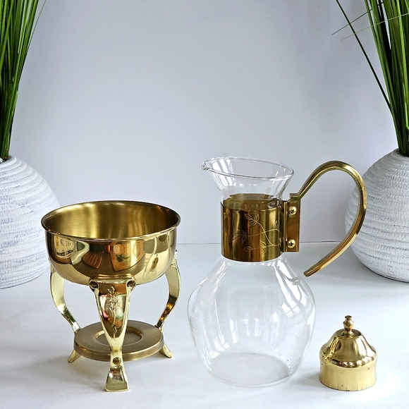 ✨ 1985 Vintage Princess House Golden- Tone & Crystal Carafe Set Floral Etched